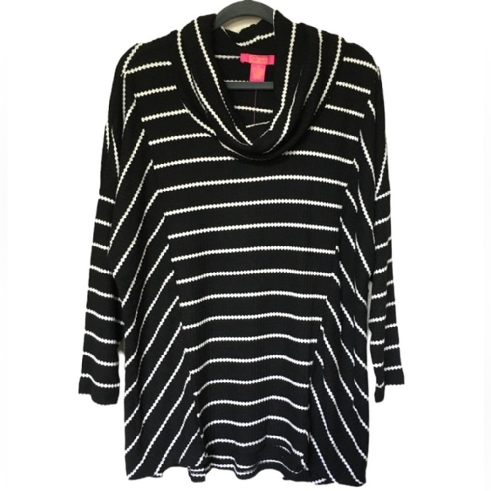 Catherine Malandrino sz L black w white stripe cowel neck ribbed long sleeve top